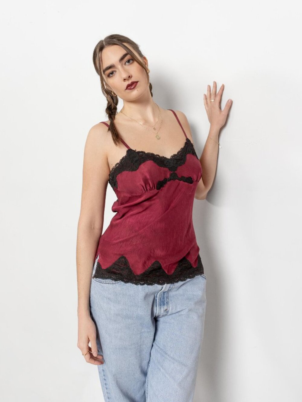 BURGUNDY SILK LACE Camisole Vintage Medium Tank Top Lingerie